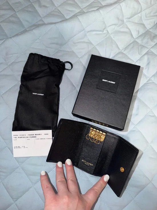 Saint Laurent Black Leather Key & Card Holder with Gold YSL Logo - Picture 2 of 8